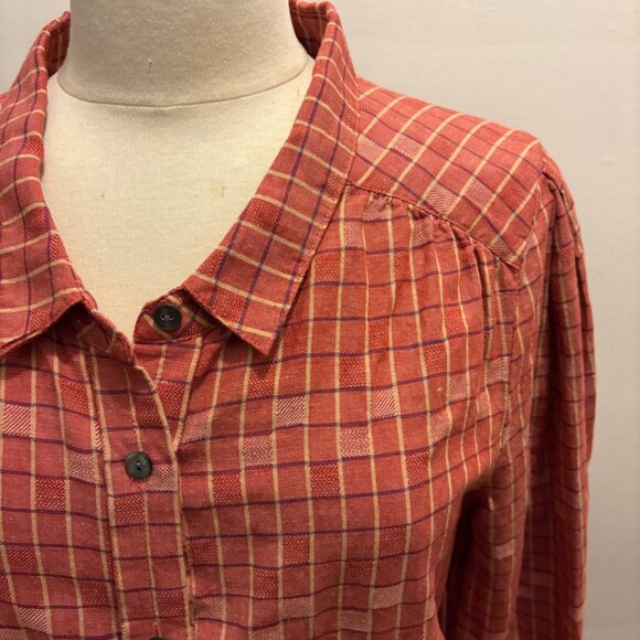 NWOT Poetry Checked Blouse in linen & cotton in  Coral Red - Picture 6 of 10
